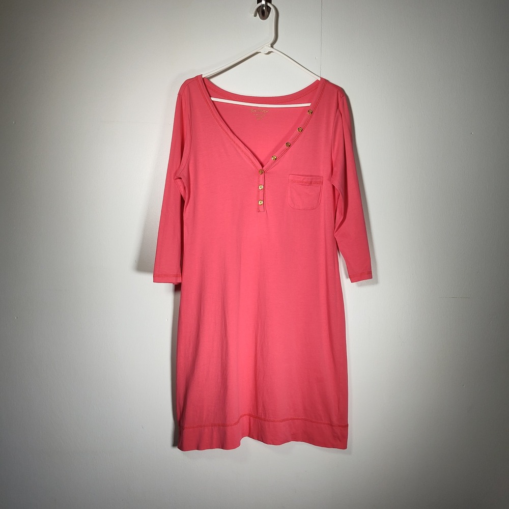 Lilly Pulitzer Palmetto Dress in Coral Pink Pima Cotton 3/4 Sleeve Mini Large